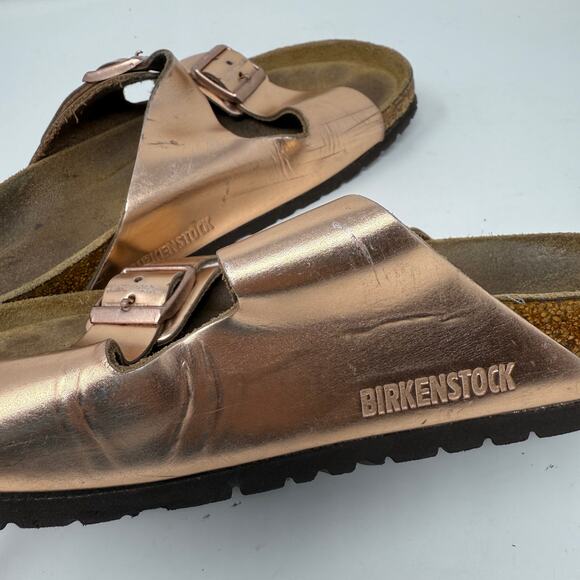 Birkenstock Size 36 Arizona Soft Footbed Sandals Rose Gold Metallic Slip On Flat - Picture 8 of 8